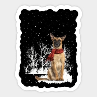 Chistmas Belgian Malinois With Scarf In Winter Forest Sticker